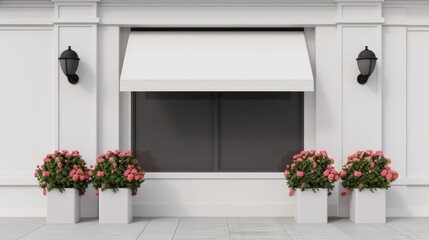 White storefront with awning, window, and flower pots.