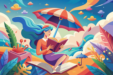 woman reading a book flies on an overturned umbrella