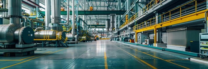 Fototapeta premium Industrial factory interior with machinery and pipes.