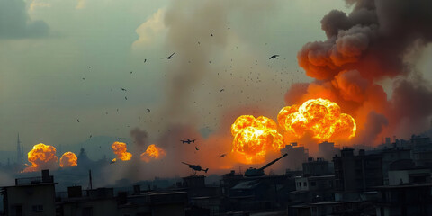 Obraz premium Explosions on a battlefield showing a chaotic scene of fiery blasts and smoke. Ideal for themes of warfare, military action, and intense conflict visuals