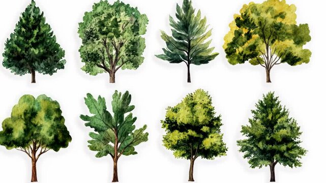 Eight watercolor paintings depict different types of trees with varying leaf shapes and colors