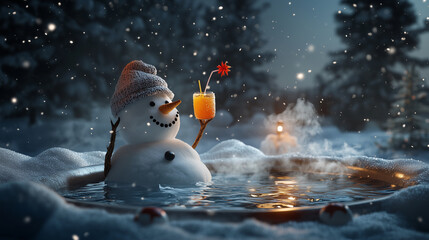 Winter relaxation concept: Snowman enjoying a hot tub with a cocktail on a snowy night at Christmas winter vacation. Image made using Generative AI