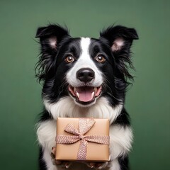 Fototapeta premium Dog holding a gift, smiling on green backdrop