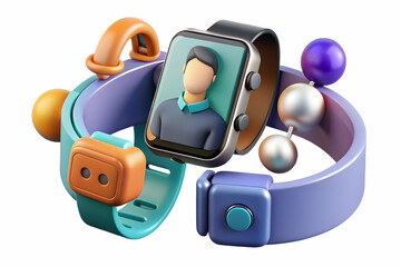 Diverse Professionals Using Futuristic Communication Devices: Macro Close-Up of Smartwatches and Earpieces Against Digital Abstract Background with Copy Space for Photo Stock Concepts