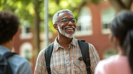 Welcoming students to the new semester with open arms in a vibrant campus setting on a sunny day