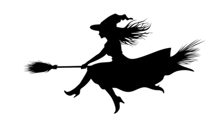 Silhouette of a flying witch on a broom with a pegasus in a wild, fantasy scene, featuring black outlines and a tattoo-like design, perfect for Halloween