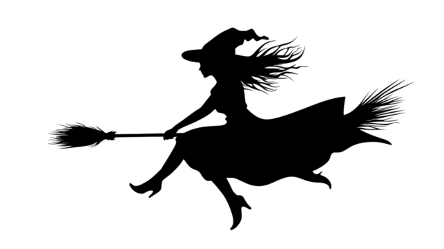 Silhouette of a flying witch on a broom with a pegasus in a wild, fantasy scene, featuring black outlines and a tattoo-like design, perfect for Halloween