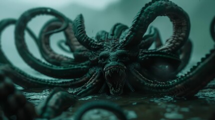 Fototapeta premium A monstrous, tentacled creature with glowing eyes stares menacingly from the depths.