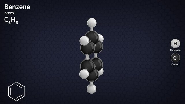 Benzol or benzene (C6H6), is a colorless, flammable liquid with a sweet odor. It is used in the production of plastics, resins, and synthetic fibers. Molecular formula: C6H6. Dark back. 3D render