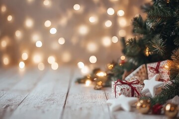 Low-angle Christmas backdrop with stars, presents, golden lights, and boho-draped green trees against a white wooden wall, dark vintage style.