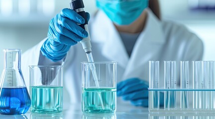 Fototapeta premium A scientist in a lab coat uses a pipette to transfer liquid in a laboratory setting, ensuring precise measurements in beakers and test tubes.