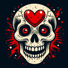 A skull with a heart on top of it. The skull is smiling and the heart is red