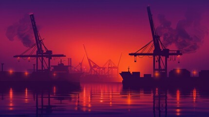 Fototapeta premium Silhouettes of cranes and ships at a busy port at sunset.