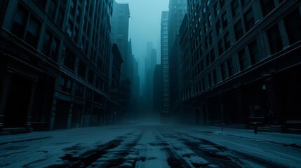 Fototapeta premium Empty city street shrouded in fog and mist.