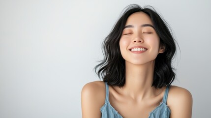 Joyful young Asian woman with shoulder-length hair smiling blissfully in a soft blue top against a light background