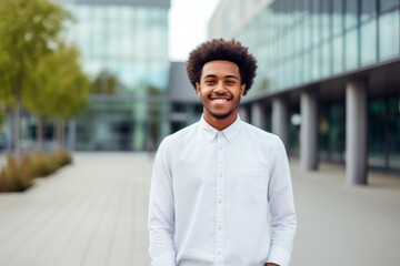 Fototapeta premium Portrait of a joyful afro-american man in his 20s wearing a simple cotton shirt over modern university campus background