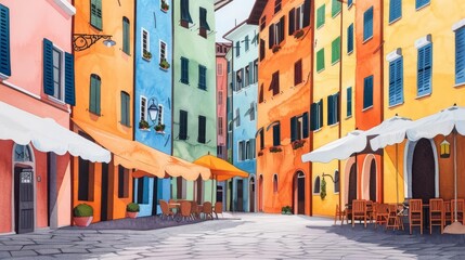 Colorful Italian street with cafes and cobblestone pavement.