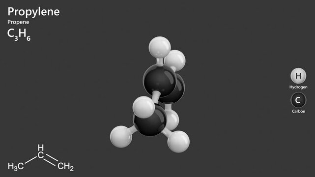 Propene or propylene. Alkene. Gas. It is an important industrial chemical used in the production of plastics. Molecular formula: C3H6. Chemical model: Ball and Stick. Gray background. 3D rendering.
