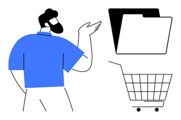 Man raising arm towards a folder icon and shopping cart. Ideal for online shopping, customer service, document management, information technology, e-commerce. Simple, minimalist, modern style © robu_s