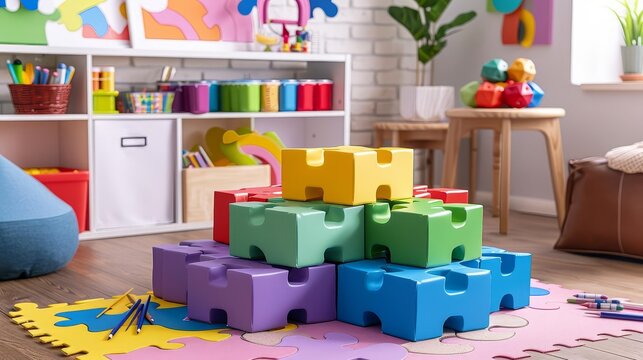 Colorful puzzle blocks stacked in a playroom setting.