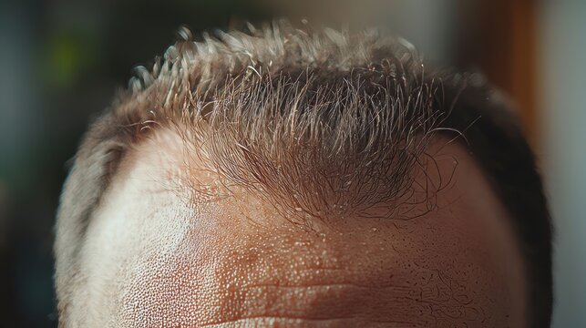 Close-up of a man's receding hairline with visible thinning hair under natural light