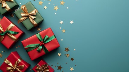 Red and green gift boxes with gold ribbons and confetti on a blue background, with copy space.