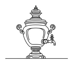 A black and white drawing of a teapot with a tap. The teapot is sitting on a table