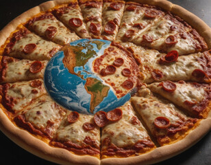 Creative pizza design featuring a globe pattern with pepperoni slices around the world. Generative AI