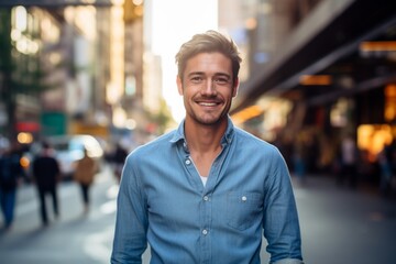 Fototapeta premium Portrait of a merry man in his 30s sporting a versatile denim shirt while standing against bustling city street background