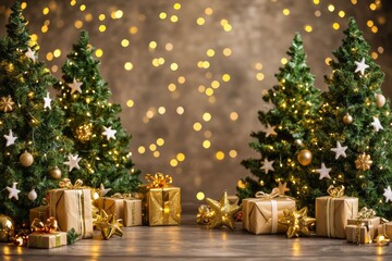 Low-angle Christmas backdrop with stars, presents, golden lights, and boho-draped green trees against a white wooden wall, dark vintage style.