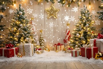 Low-angle Christmas backdrop with stars, presents, golden lights, and boho-draped green trees against a white wooden wall, dark vintage style.