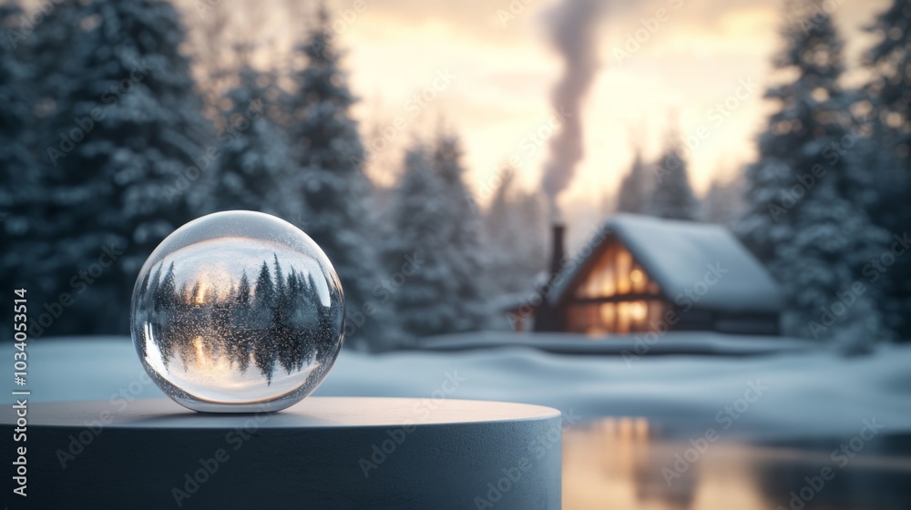Poster a crystal globe captures the reflection of a cozy cabin amidst snowy trees as twilight approaches. s