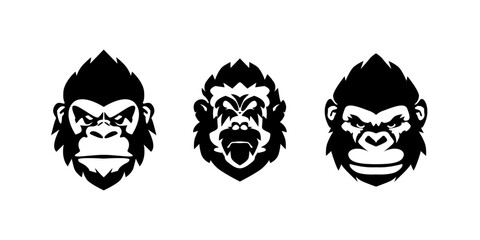 Black and white vector Gorilla head set, silhouette shape of gorilla illustration.