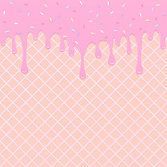 Strawberry milk on ice cream waffle background