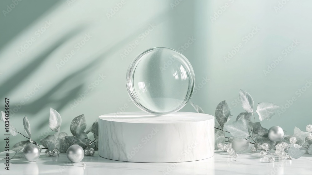 Wall mural a clear glass sphere rests on a white, cylindrical platform. the background is a light green wall, a