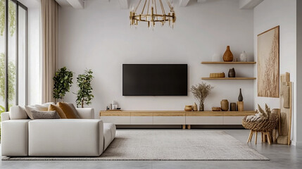 A modern Indian-style living room interior design with a white wall, TV unit, and a modern light grey sofa.