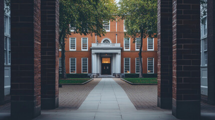 Obraz premium A serene courtyard view revealing a historic academic building during a calm afternoon, surrounded by lush greenery and warm brick architecture