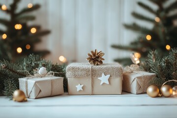 Low-angle Christmas backdrop with stars, presents, golden lights, and boho-draped green trees against a white wooden wall, dark vintage style.