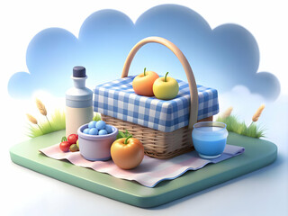 A delightful outdoor picnic setup featuring a cozy blanket, basket of fresh fruits, and refreshing beverages against a clean, light background, perfect for creative text overlays and marketing visuals