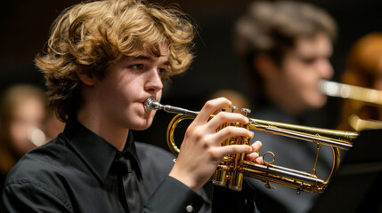 Young musician performs a captivating solo on the trumpet during a concert in a local auditorium in...