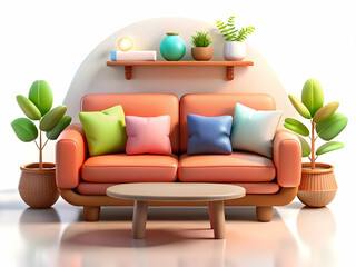 Stylish Living Room with Glossy Background: Comfortable Sofa, Coffee Table, and Decorative Items for Overlay Text Space in Photo Stock