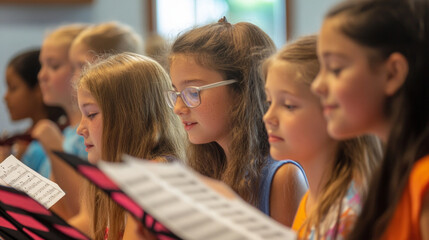 Young musicians focused on sheet music during a choir practice in a bright, lively classroom setting