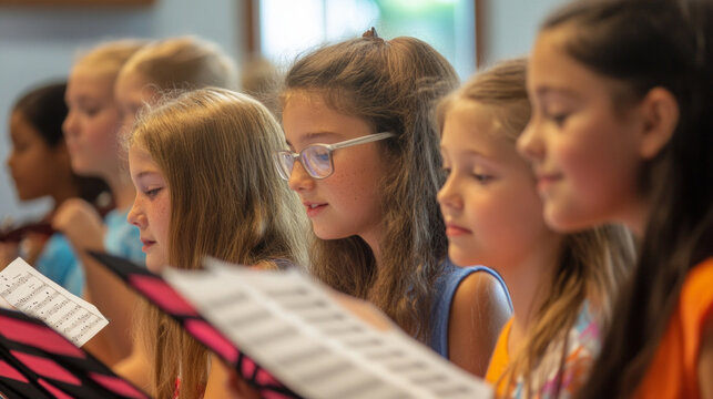 Young musicians focused on sheet music during a choir practice in a bright, lively classroom setting