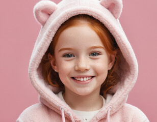 Young girl in a pink bear hoodie smiling against a soft pink background indoors. Generative AI