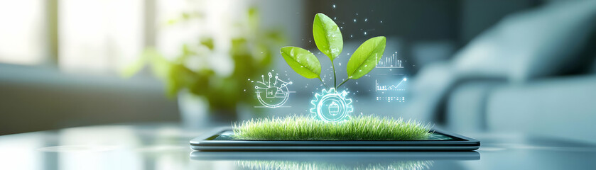Innovative Tablet Displaying Holographic Gear and Sprouting Plant Icons on Glossy White Table - Concept of Environmental Growth and Technology in Photo Stock
