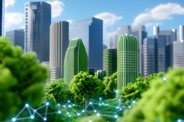 Obraz premium A green city skyline with skyscrapers and buildings made of trees, surrounded by glowing network connections in the background