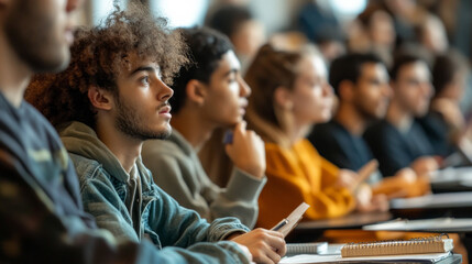 Students in a lecture hall attentively taking notes during a class session while engaging with the instructor's presentation