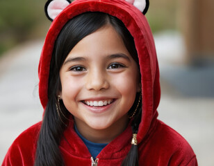 Smiling young girl in red hoodie with bear ears outdoors on a sunny day. Generative AI