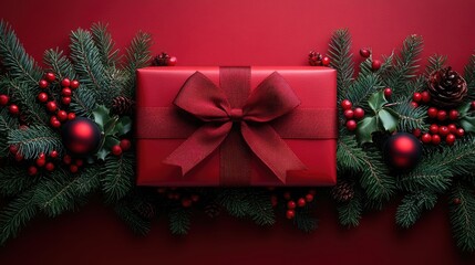 Christmas tree frame with green fir branches, red gift box, berries and gold lights on red background. Pine, xmas evergreen plants frame. garland decoration, holiday card with copy space