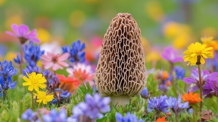 A single morel mushroom stands tall in a field of colorful wildflowers.